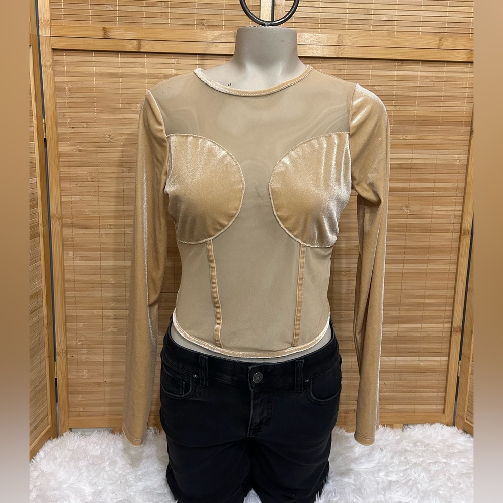 Jolie & Joy Gold tan Velvet Sheer Mesh Corset Style Long Sleeve Crop Top large